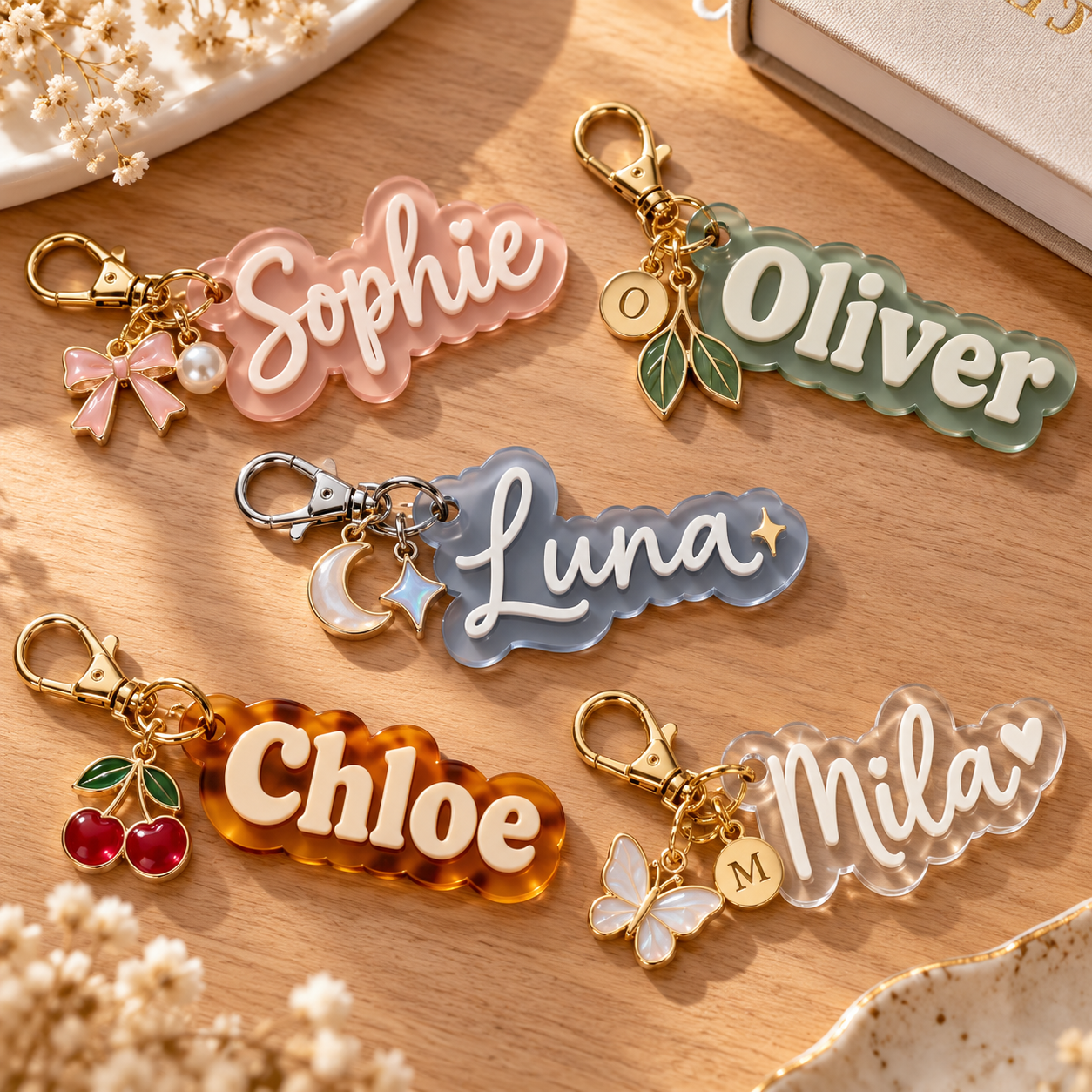Five custom acrylic name keychains in muted colors with metal clasps and decorative charms on a wooden surface