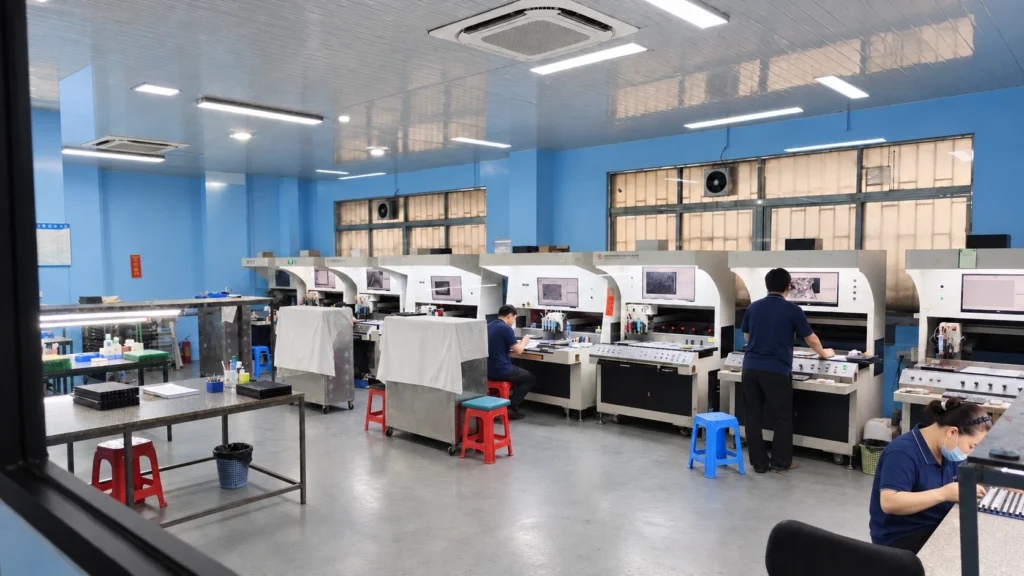 AI-edited view of the HDB workshop, showing workers in navy shirts beside a row of production machines.