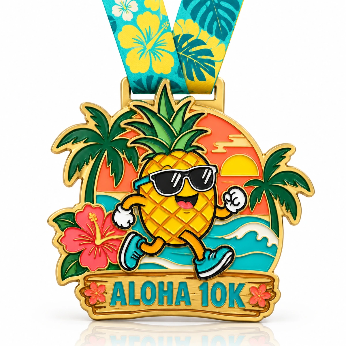 Gold Aloha 10K medal with a running pineapple, tropical flowers, palm trees and a floral ribbon
