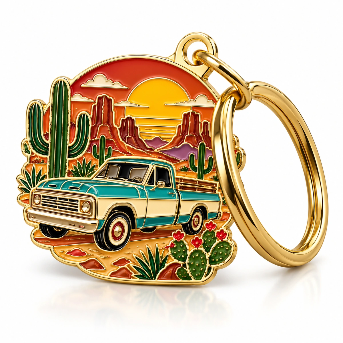Gold keychain featuring a teal pickup truck, desert cacti and a sunset with a gold split ring
