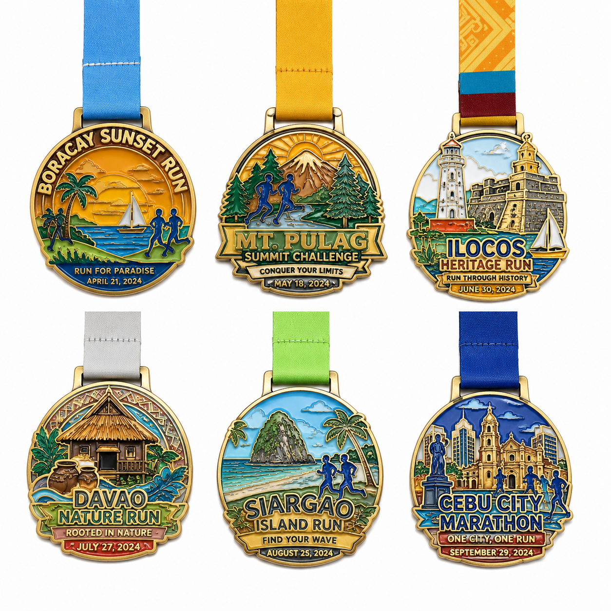 Six gold running medals with coastal, mountain and city landmark designs and colorful ribbons on a white background