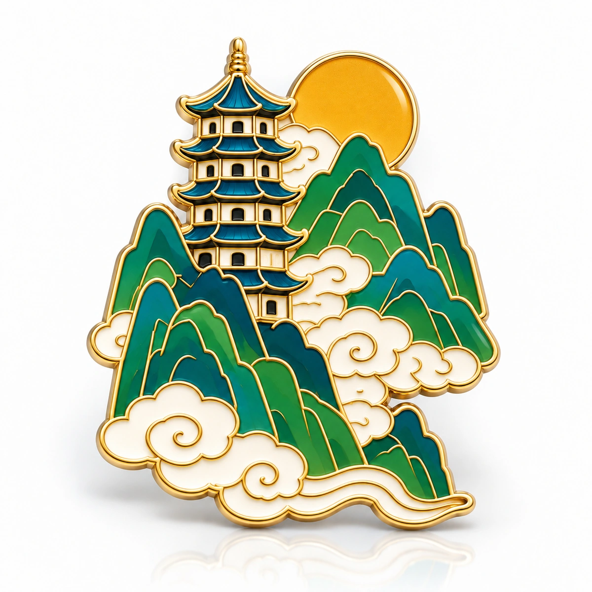 Gold-edged enamel pin featuring a pagoda, green mountains, white clouds and a golden sun