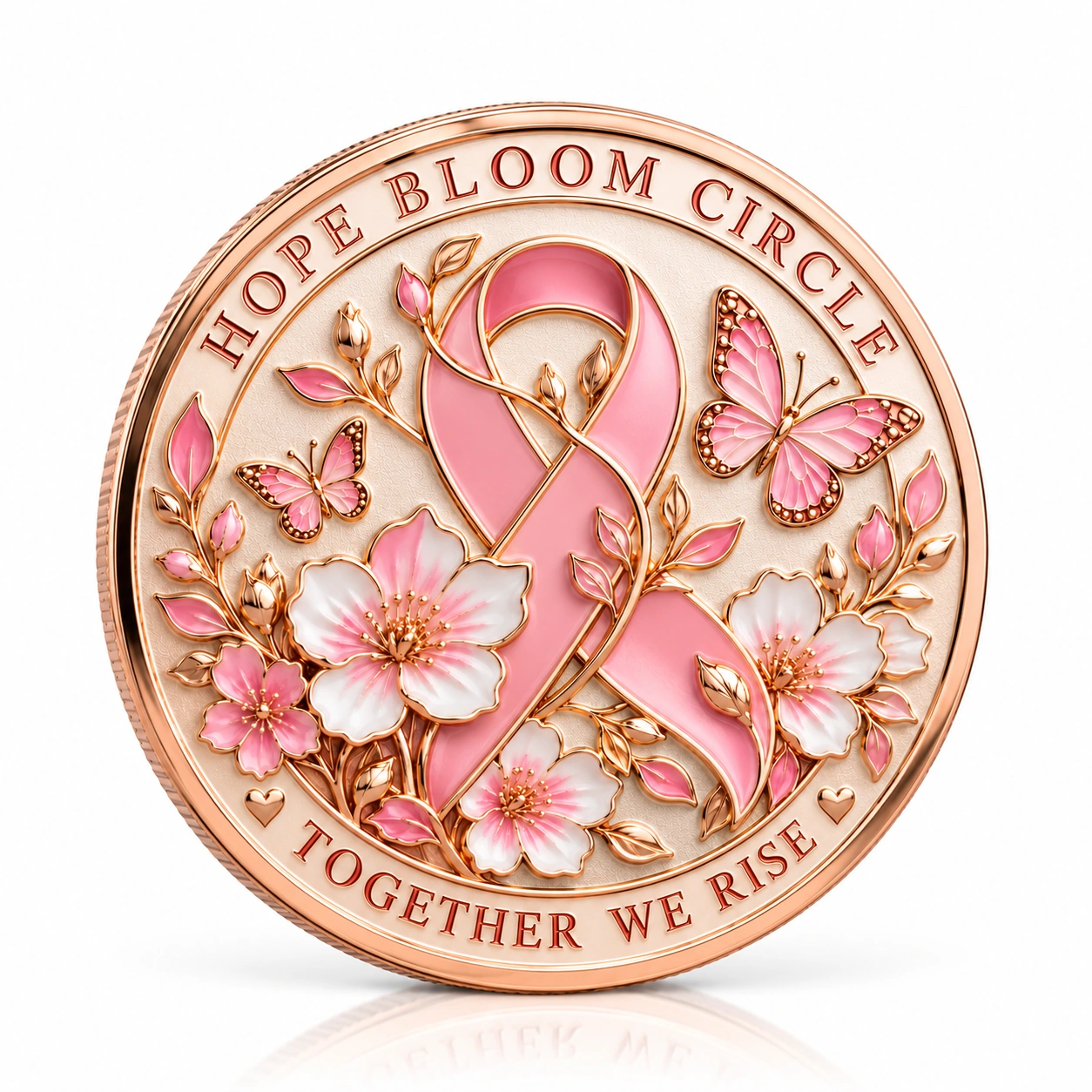 Rose-gold commemorative coin with a pink ribbon, flowers, butterflies and Hope Bloom Circle lettering