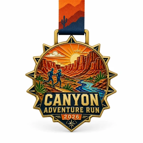 Gold-edged canyon adventure medal with orange cliffs, a blue river and a patterned ribbon