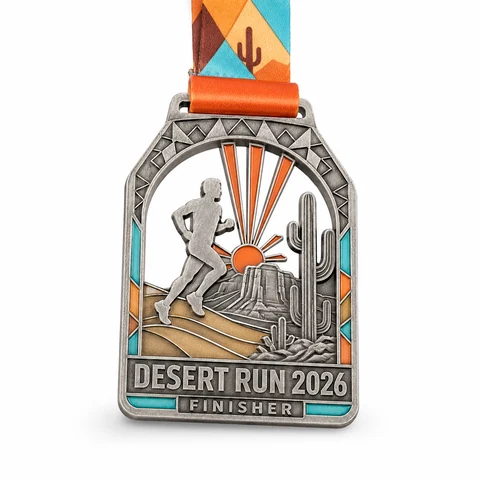 Silver cutout desert-running medal with an orange sunset and matching ribbon