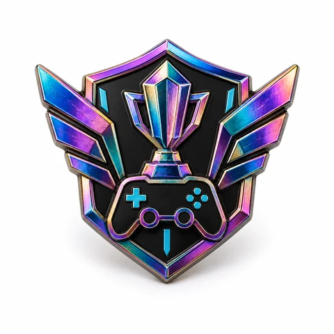 Iridescent purple and blue esports shield badge with a trophy and game controller