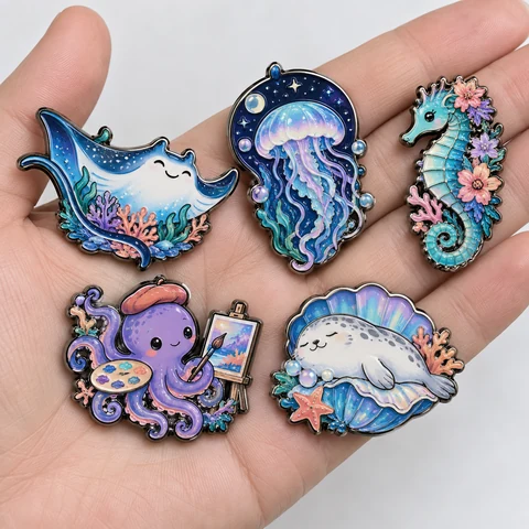 Five blue and purple ocean-life pins with a ray, jellyfish, seahorse, octopus and seal displayed on a hand