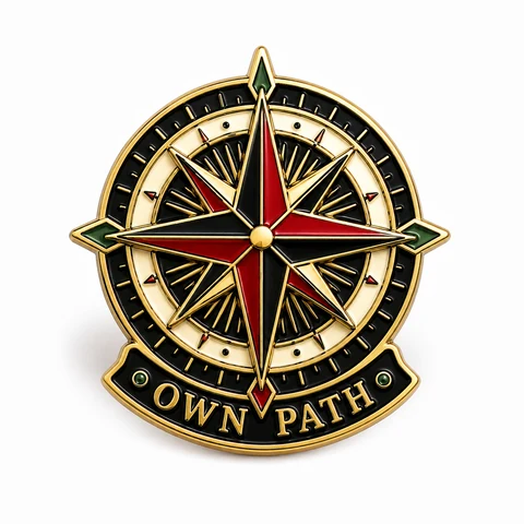Gold compass badge with red and black points, green accents and an Own Path banner