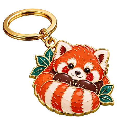 Orange and cream red panda keychain with teal leaves and a gold split ring