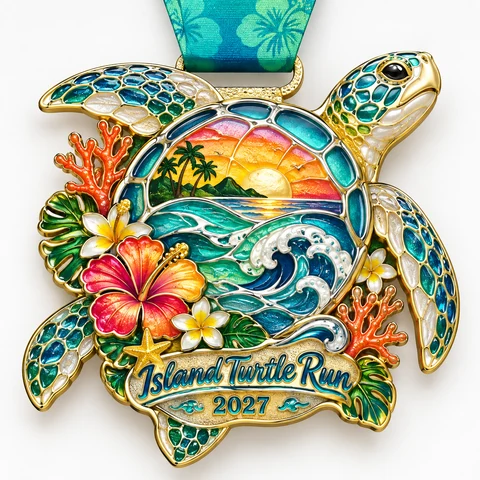 Gold sea turtle medal with turquoise waves, tropical flowers and a sunset scene
