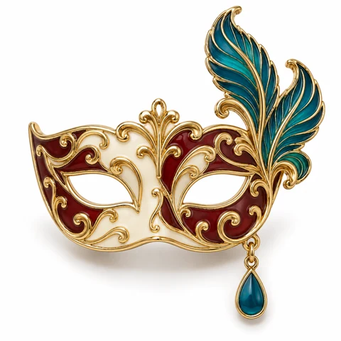 Gold and burgundy Venetian mask pin with teal feathers and a teardrop pendant