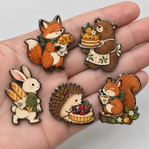 Five woodland animal badges with baking and coffee themes displayed on a hand