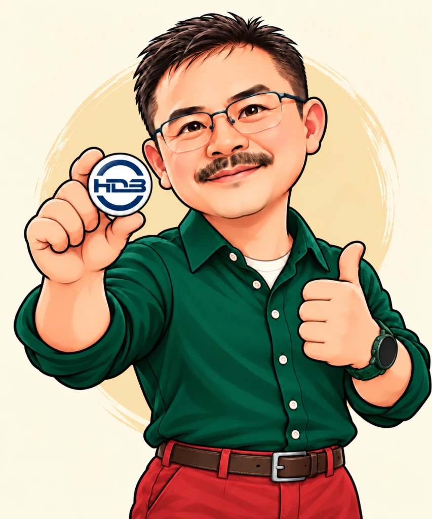 Cartoon portrait of Hu Zi Ge holding the HDB emblem and giving a thumbs-up.