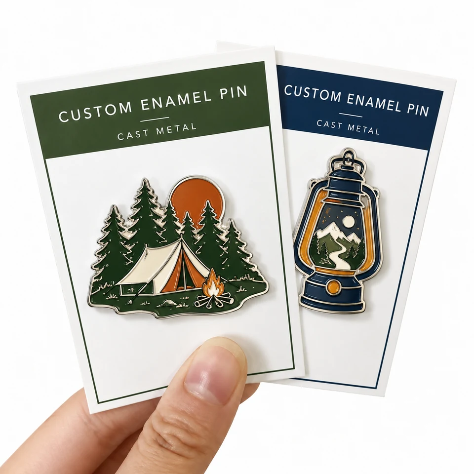 Two camping-themed badges with a tent and lantern on individual backing cards