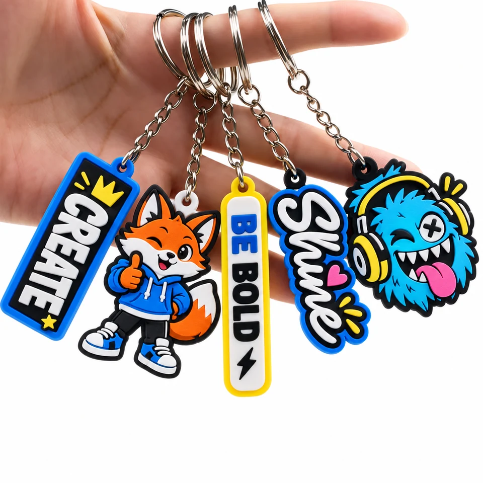 Five colorful character and lettering keychains with a fox and blue monster held by their rings