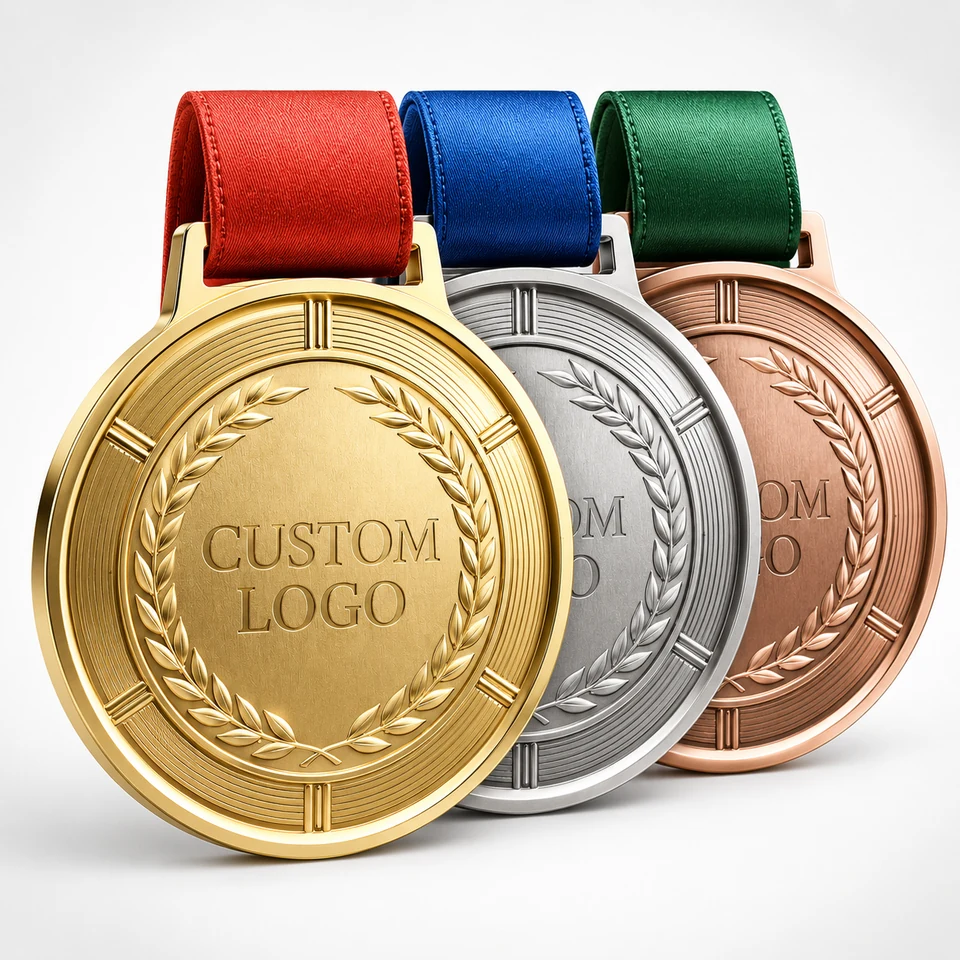 Three matching medals in gold, silver and bronze colors with red, blue and green ribbons