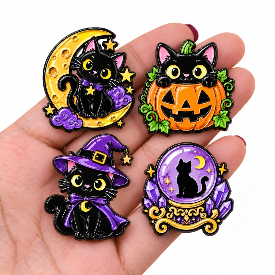 Four black-cat Halloween pins with a moon, pumpkin, witch hat and crystal ball displayed on a hand