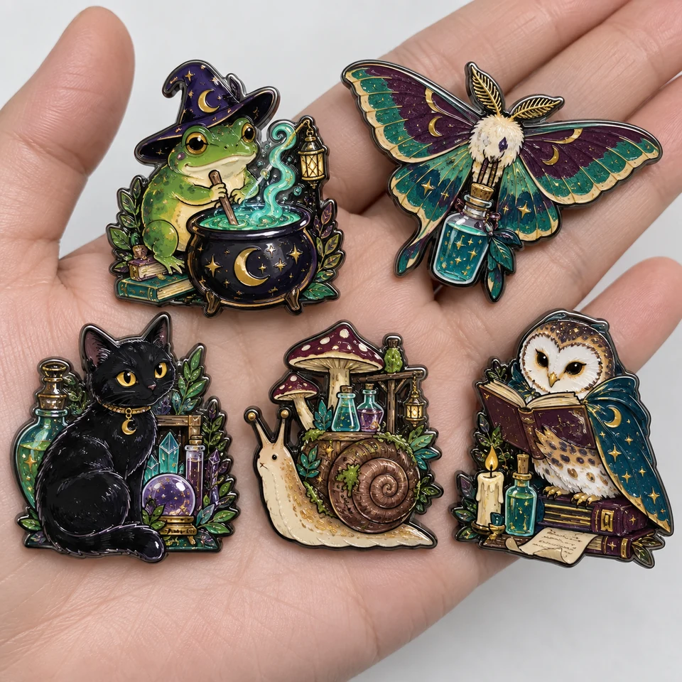 Five magical forest pins featuring a frog, moth, black cat, snail house and owl on a hand