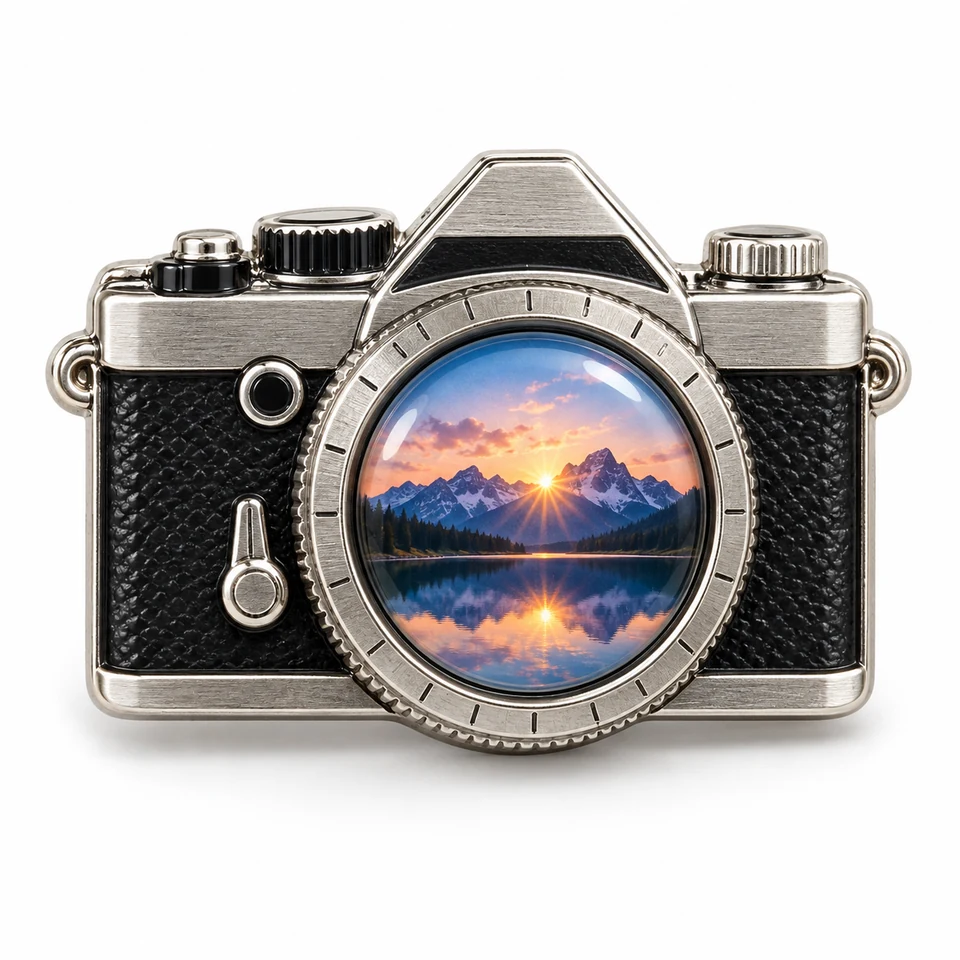 Camera-shaped badge with a mountain sunset in the lens