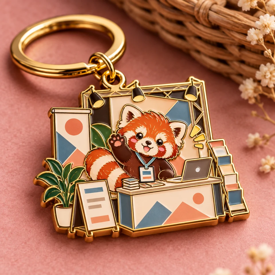Gold keychain featuring a red panda in a miniature exhibition booth