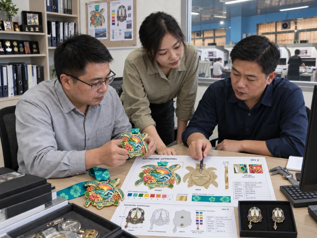 AI-generated scene of three colleagues reviewing detailed medal and enamel pin artwork with product samples in a factory office.